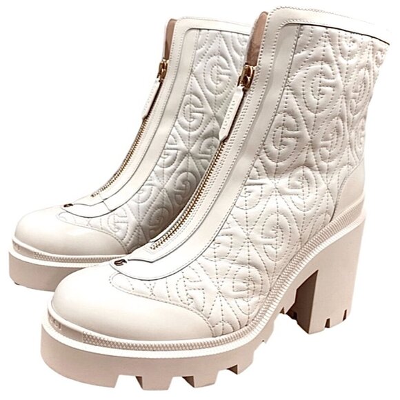 Gucci GG Rhombus Matelassé Leather Ankle Boots White Women’s 42 New - Picture 2 of 16